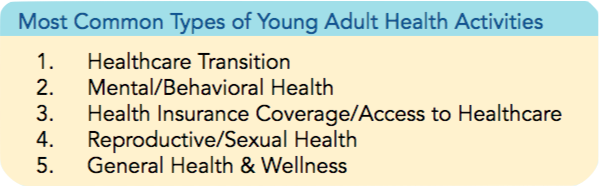 1. Healthcare Transition, 2. Mental/Behavioral Health, 3. Health Insurance Coverage/Access to Healthcare, 4. Reproductive/Sexual Health, 5. General Health & Wellness